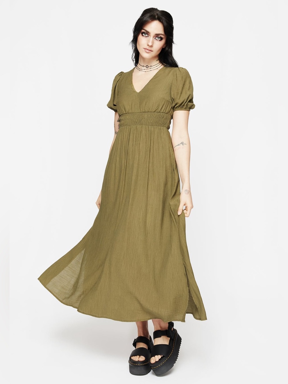 Tryphena Shirred V-Neck Midaxi Dress Sz 10 – Gothic, Romantic, Alternative